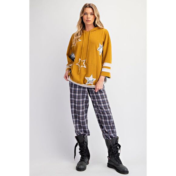 1007 EASEL Large Mustard Star Patch Mineral Washed Hoodie Pullover Sweatshirt - Picture 5 of 5